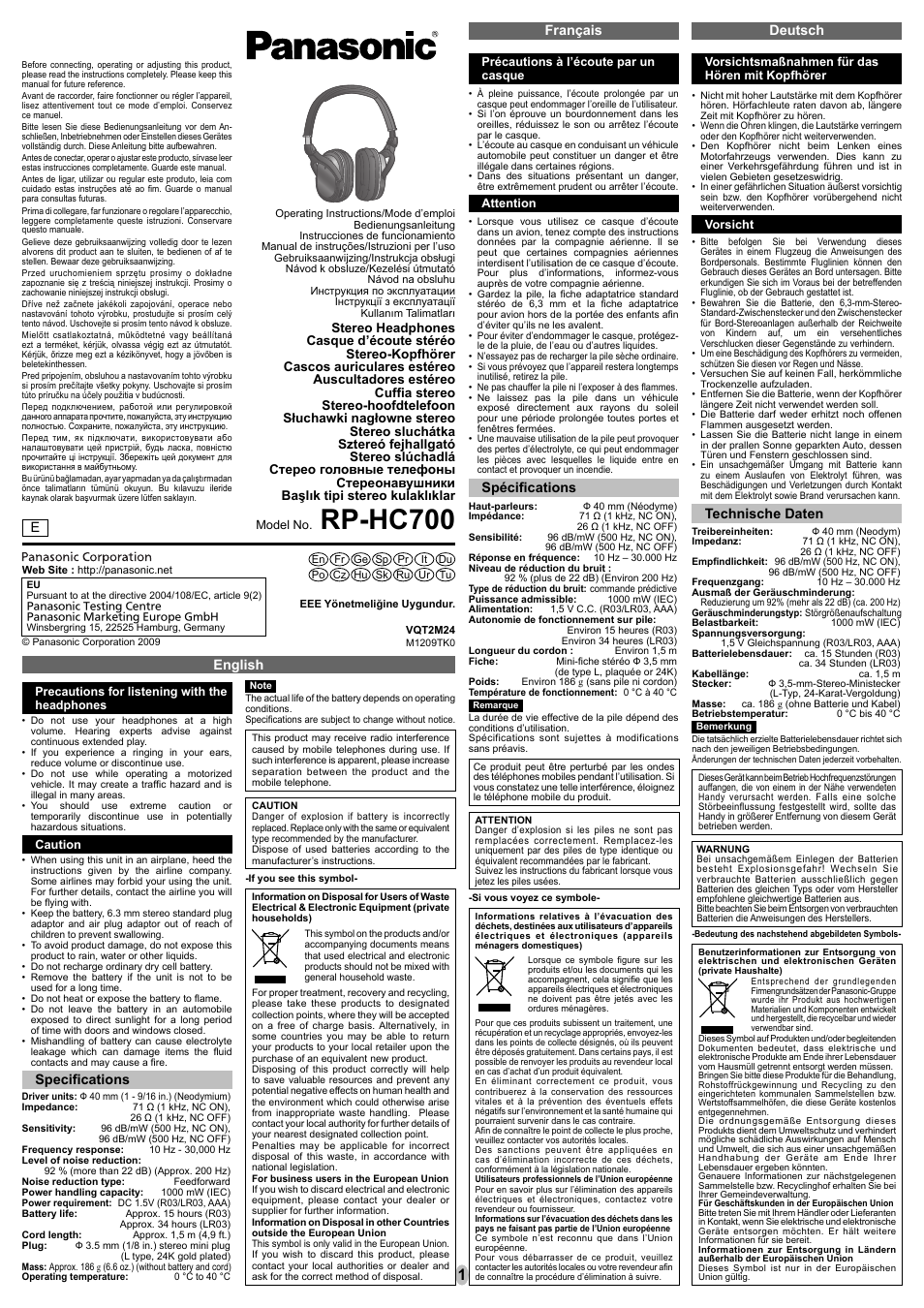 Panasonic RPHC700 User Manual | 8 pages