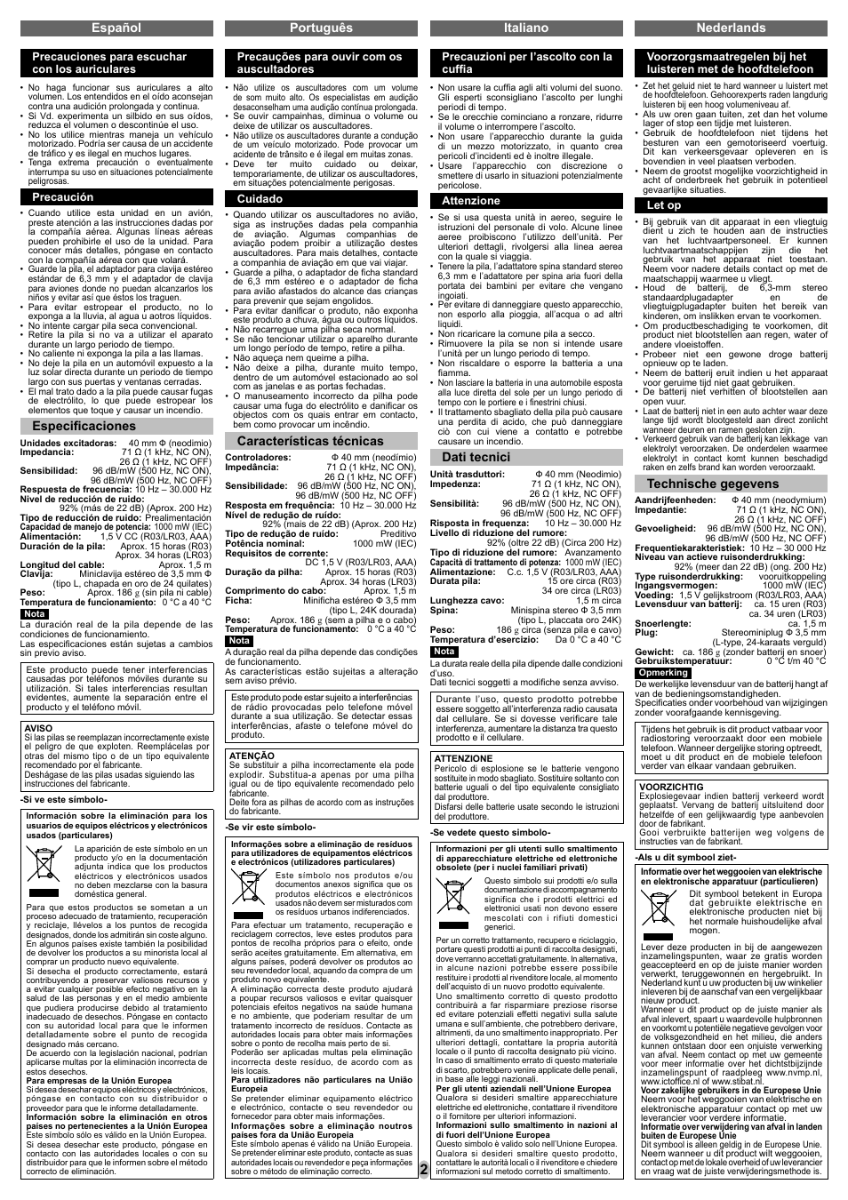 Español português italiano, Especifi caciones, Características técnicas | Dati tecnici, Nederlands, Technische gegevens | Panasonic RPHC700 User Manual | Page 2 / 8