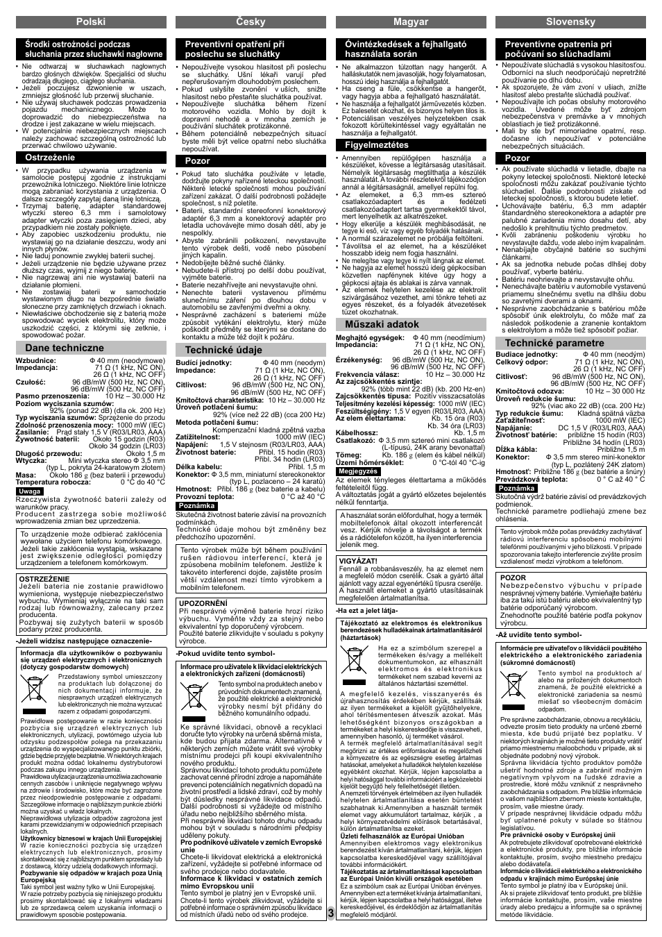 Polski česky magyar slovensky, Technické parametre, Dane techniczne | Technické údaje, Műszaki adatok | Panasonic RPHC700 User Manual | Page 3 / 8
