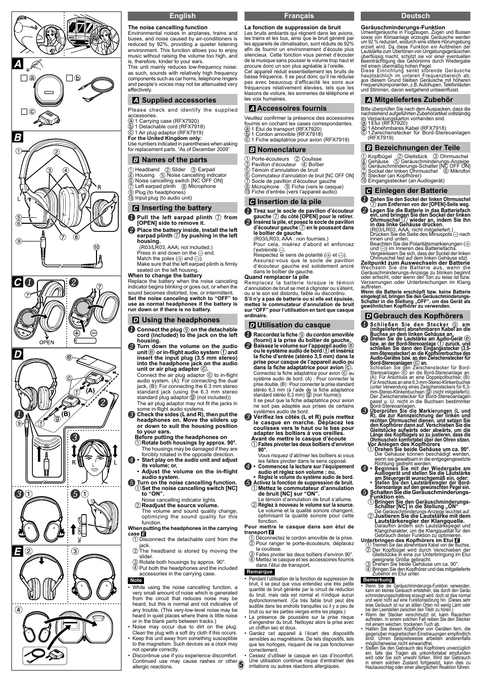 Français deutsch english, Supplied accessories, Names of the parts | Inserting the battery, Using the headphones, Accessoires fournis, Nomenclature, Insertion de la pile, Utilisation du casque, Mitgeliefertes zubehör | Panasonic RPHC700 User Manual | Page 5 / 8