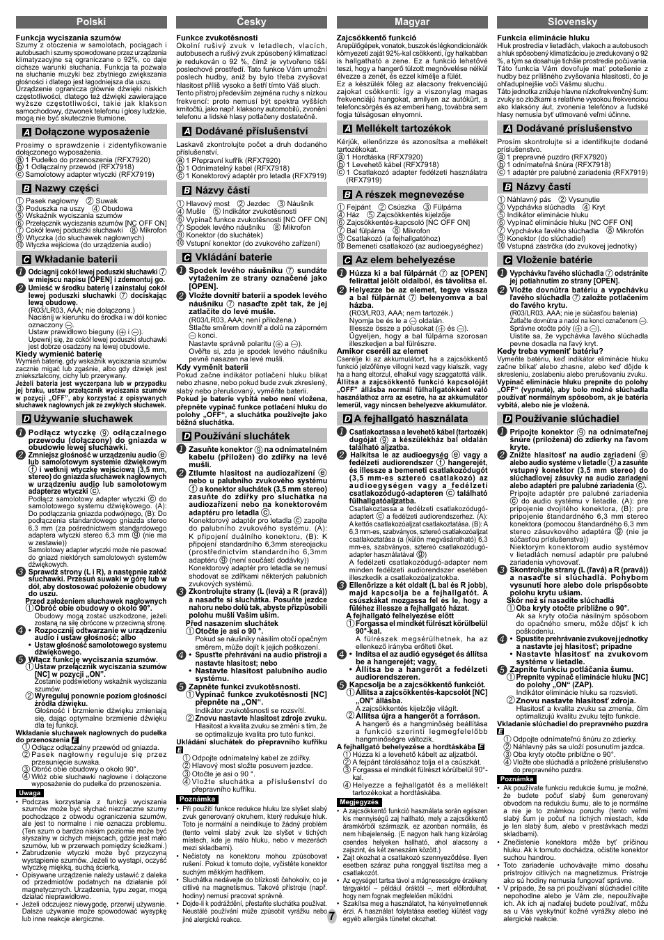 Polski česky magyar, Dołączone wyposażenie, Nazwy części | Wkładanie baterii, Używanie słuchawek, Dodávané příslušenství, Názvy částí, Vkládání baterie, Používání sluchátek, Mellékelt tartozékok | Panasonic RPHC700 User Manual | Page 7 / 8