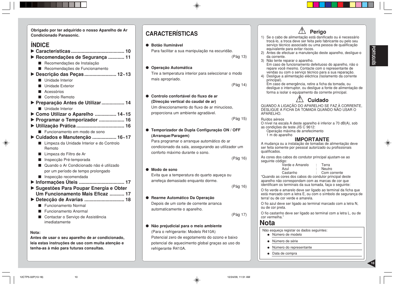 Nota, Índice, Características | Panasonic SA24CTP User Manual | Page 11 / 104