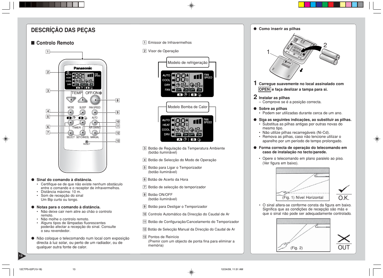 Descríção das peças, O.k. out, Controlo remoto | Panasonic SA24CTP User Manual | Page 14 / 104