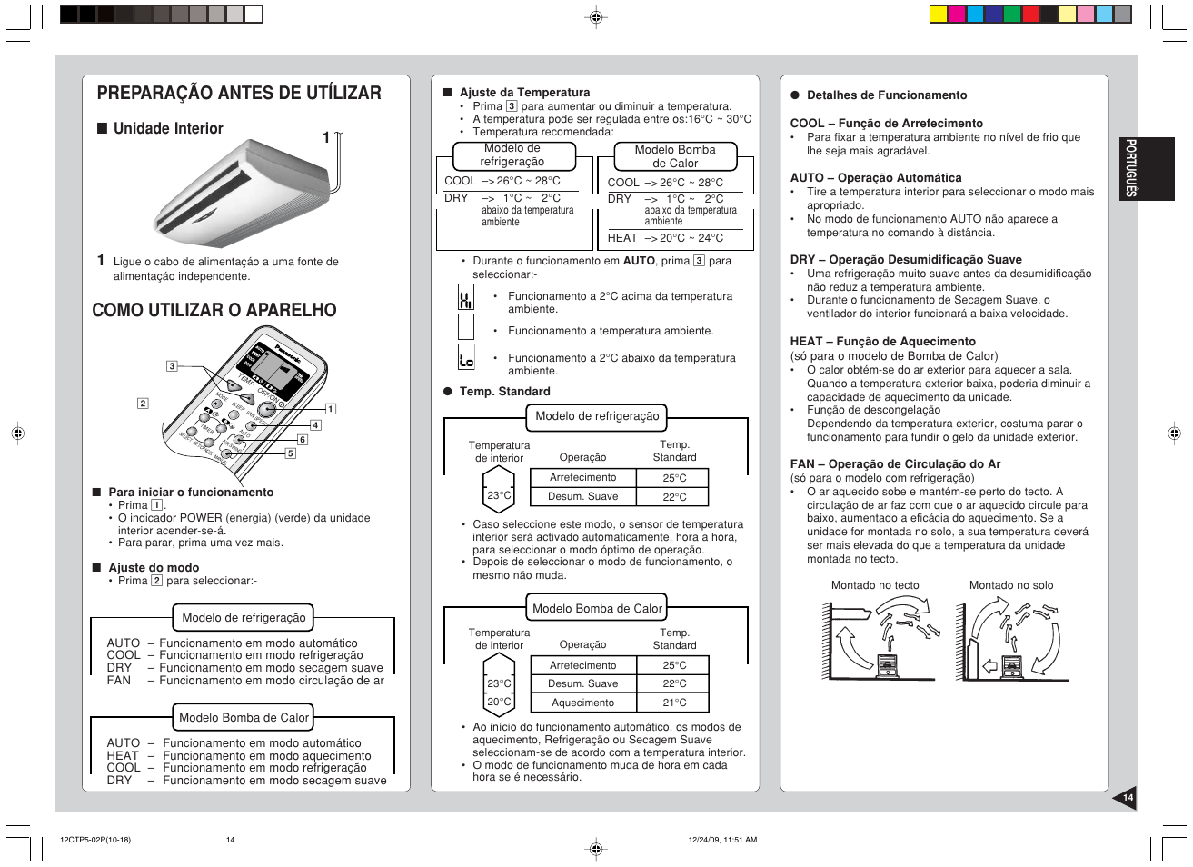 Preparação antes de utílizar, Como utilizar o aparelho, Unidade interior 1 | Panasonic SA24CTP User Manual | Page 15 / 104