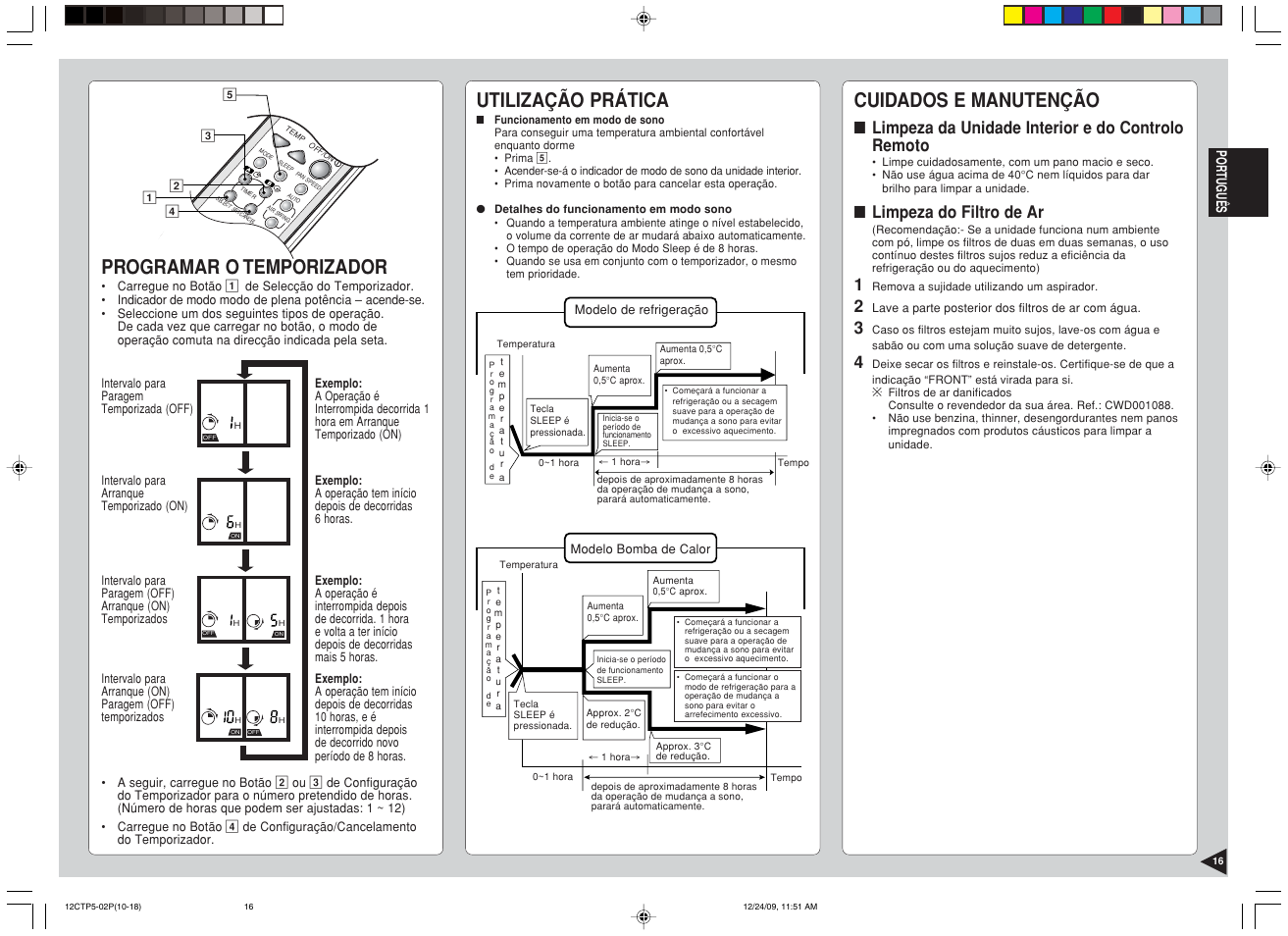 Utilização prática, Cuidados e manutenção, Programar o temporizador | Limpeza da unidade interior e do controlo remoto, Limpeza do filtro de ar | Panasonic SA24CTP User Manual | Page 17 / 104