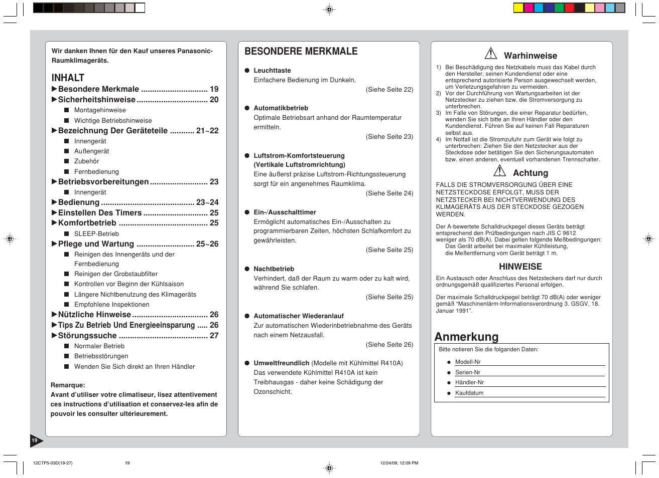 Anmerkung, Inhalt, Besondere merkmale | Panasonic SA24CTP User Manual | Page 20 / 104