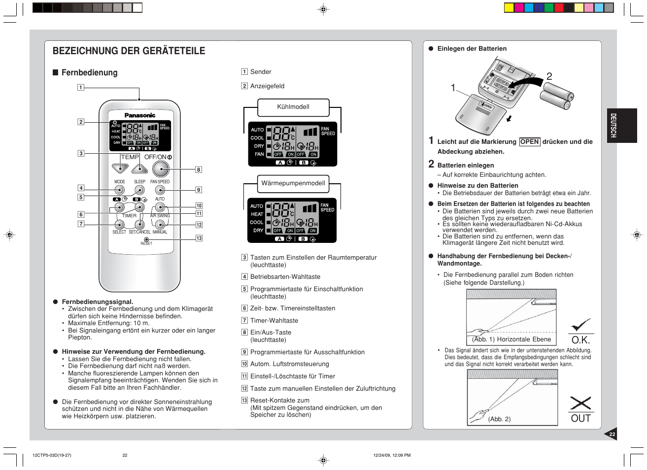 Bezeichnung der geräteteile, O.k. out, Fernbedienung | Panasonic SA24CTP User Manual | Page 23 / 104