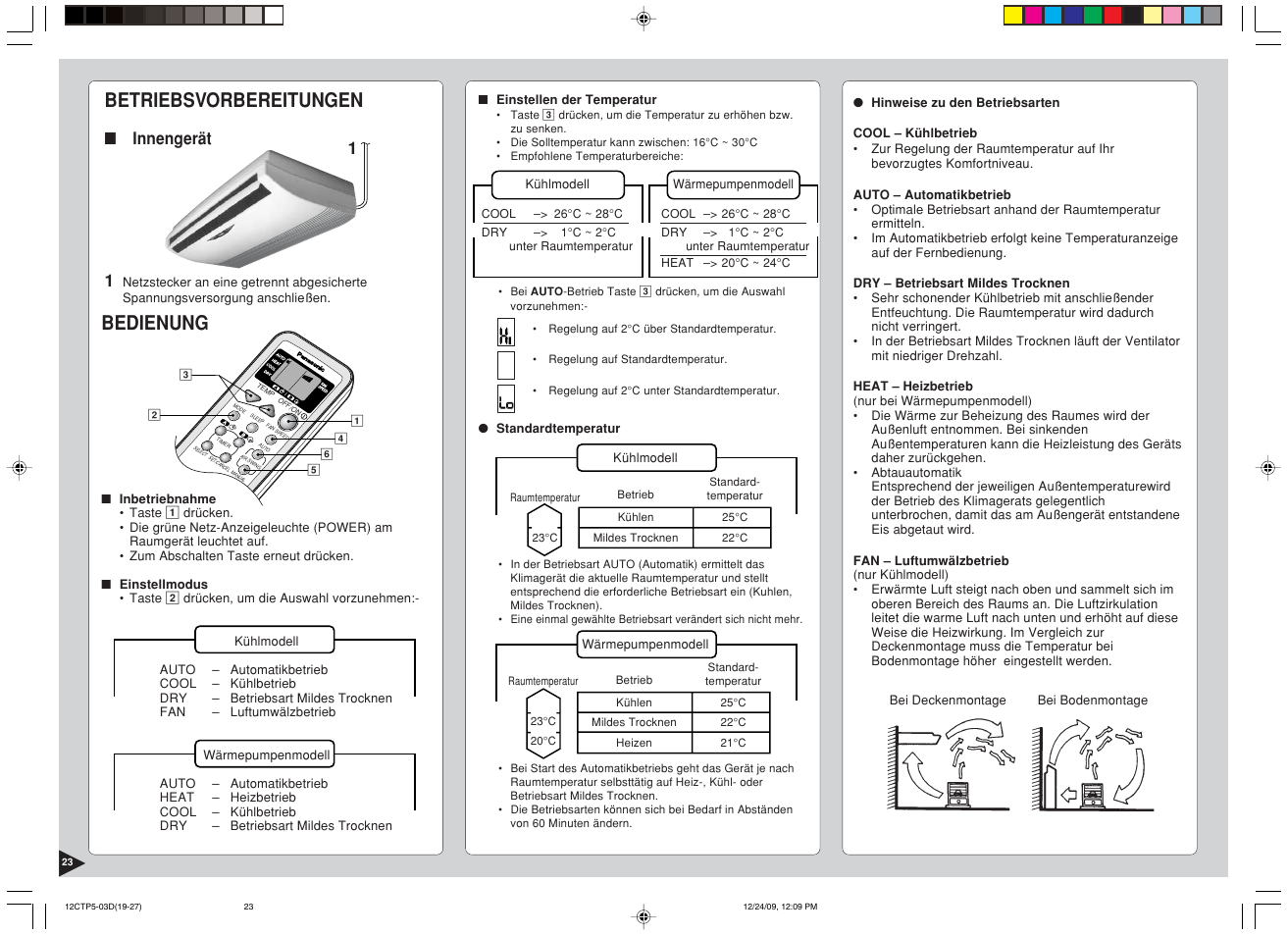 Betriebsvorbereitungen, Bedienung, Innengerät 1 | Panasonic SA24CTP User Manual | Page 24 / 104