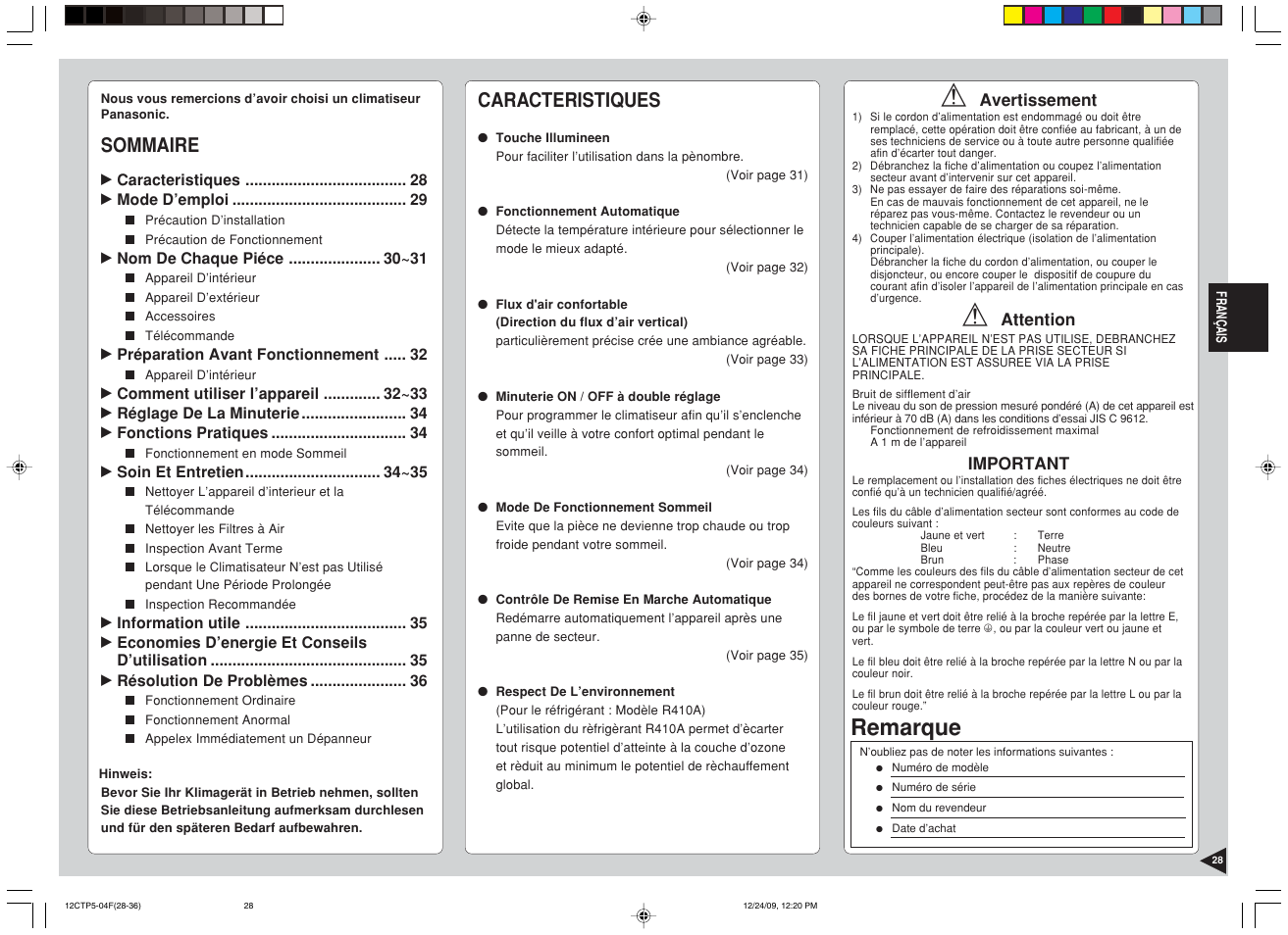 Remarque, Sommaire, Caracteristiques | Panasonic SA24CTP User Manual | Page 29 / 104