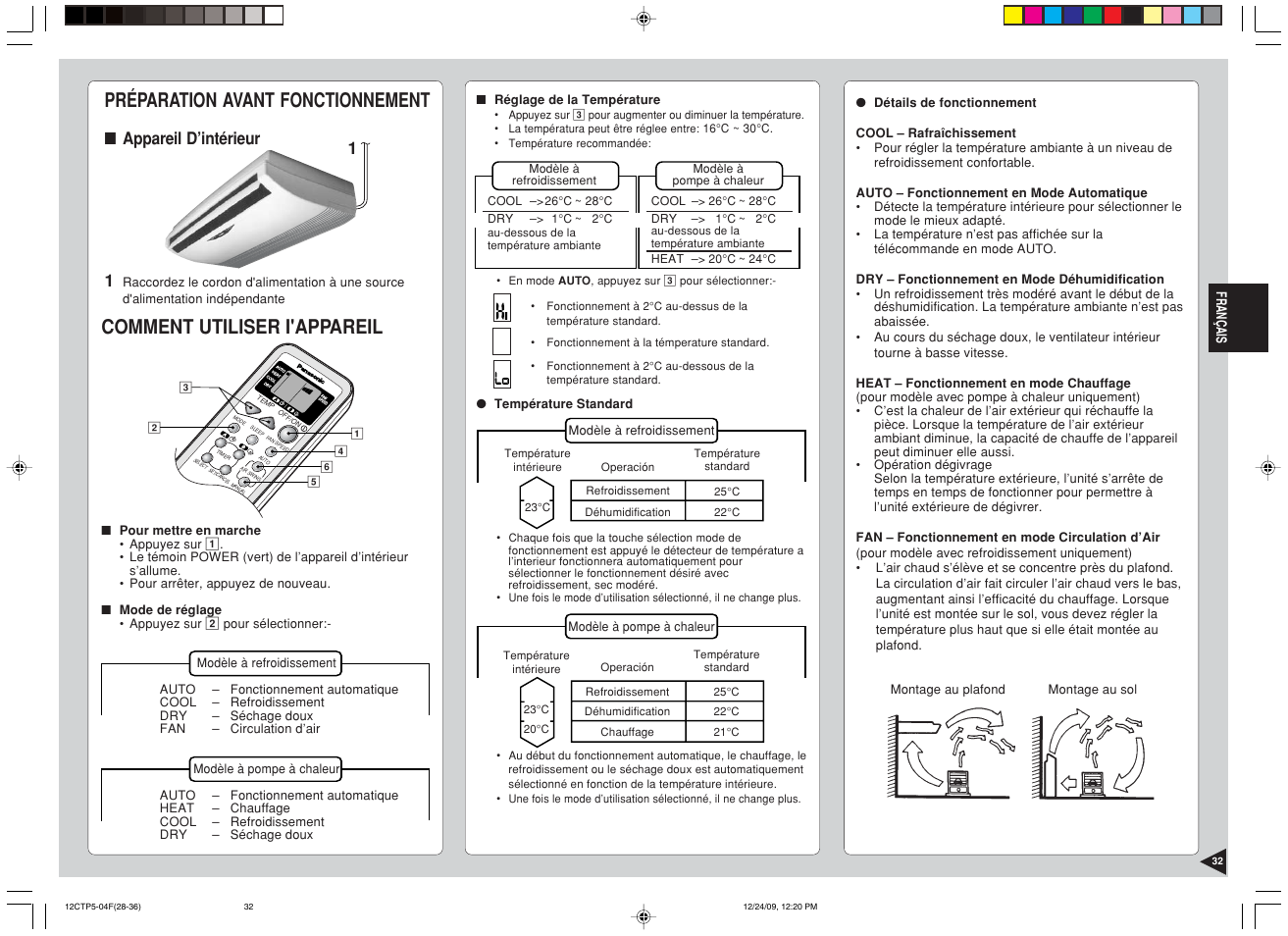 Préparation avant fonctionnement, Comment utiliser i'appareil, Appareil d’intérieur 1 | Panasonic SA24CTP User Manual | Page 33 / 104