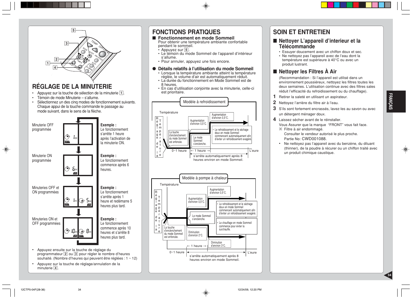 Réglage de la minuterie, Soin et entretien, Fonctions pratiques | Nettoyer l’appareil d’interieur et la télécommande, Nettoyer les filtres à air | Panasonic SA24CTP User Manual | Page 35 / 104