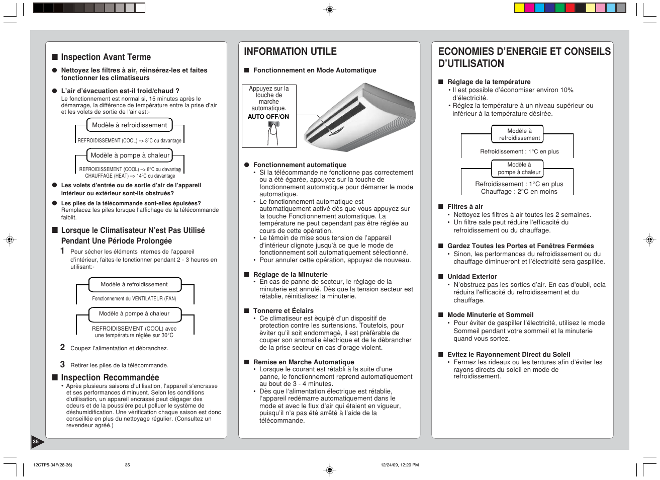 Economies d’energie et conseils d’utilisation, Information utile | Panasonic SA24CTP User Manual | Page 36 / 104