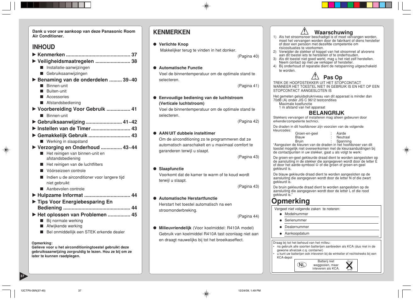 Opmerking, Inhoud, Kenmerken | Panasonic SA24CTP User Manual | Page 38 / 104