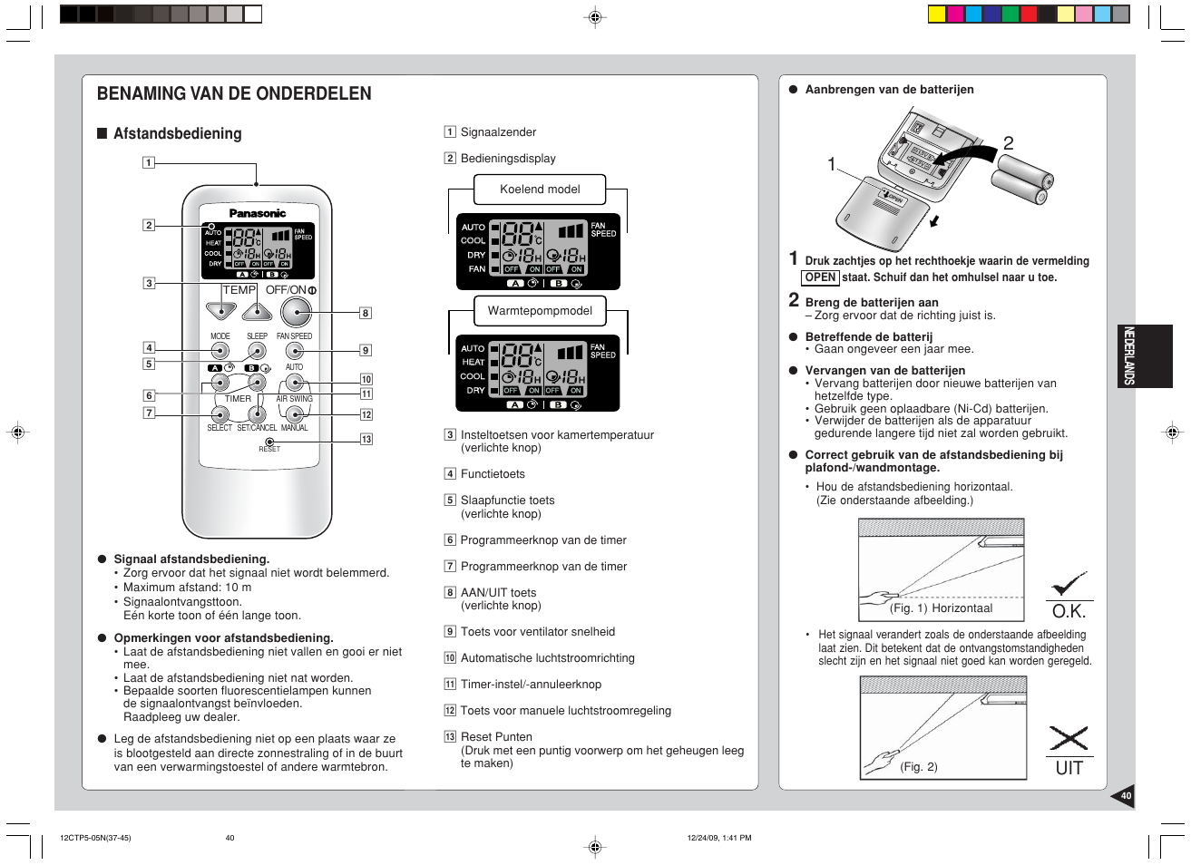Benaming van de onderdelen, O.k. uit, Afstandsbediening | Panasonic SA24CTP User Manual | Page 41 / 104