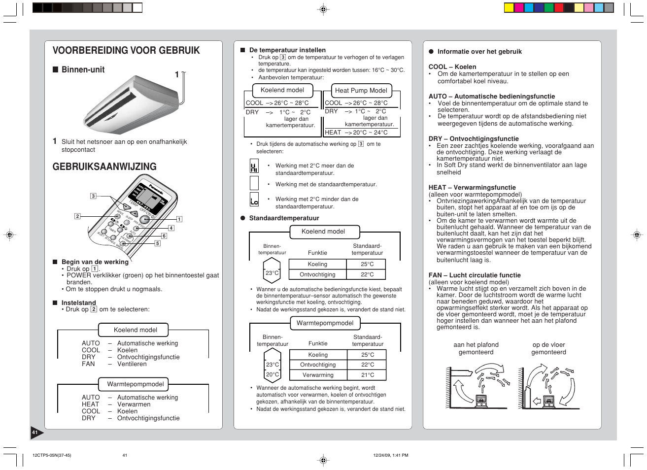 Voorbereiding voor gebruik, Gebruiksaanwijzing, Binnen-unit 1 | Panasonic SA24CTP User Manual | Page 42 / 104