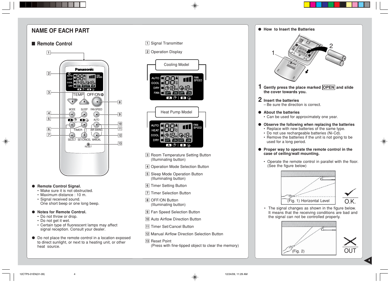 Name of each part, O.k. out, Remote control | Panasonic SA24CTP User Manual | Page 5 / 104