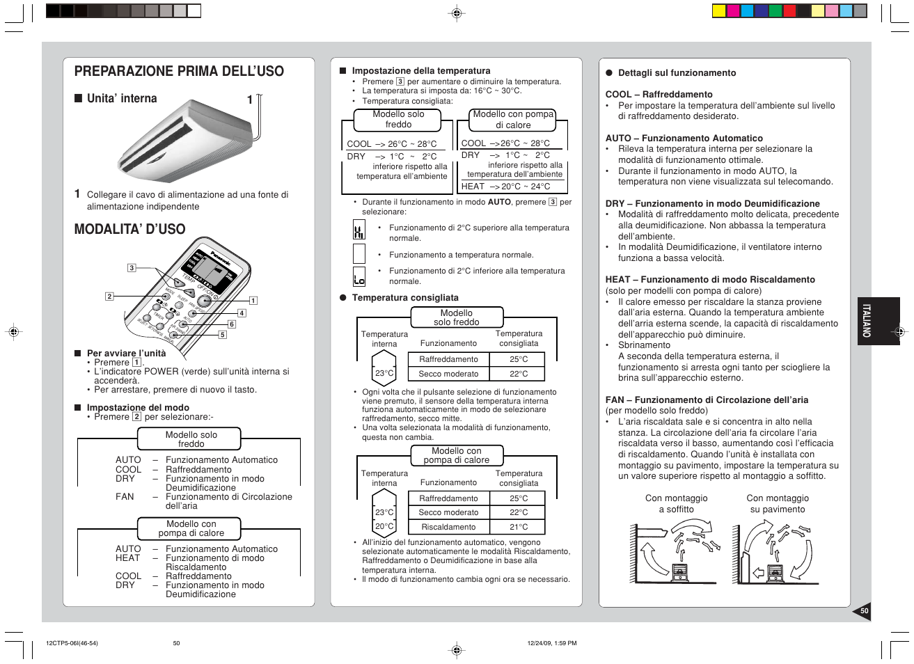 Preparazione prima dell’uso, Modalita’ d’uso, Unita’ interna 1 | Panasonic SA24CTP User Manual | Page 51 / 104