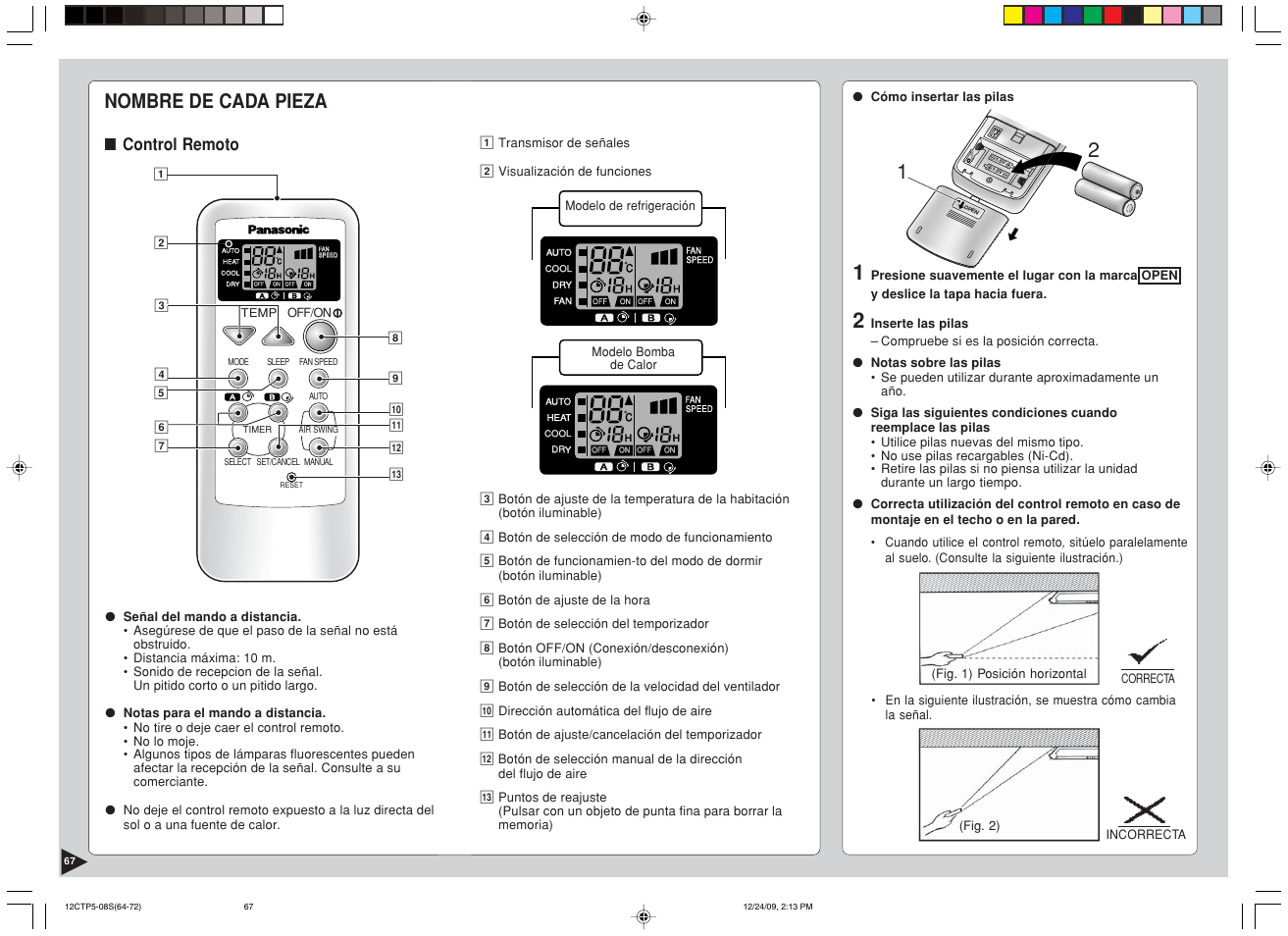 Nombre de cada pieza, Control remoto | Panasonic SA24CTP User Manual | Page 68 / 104