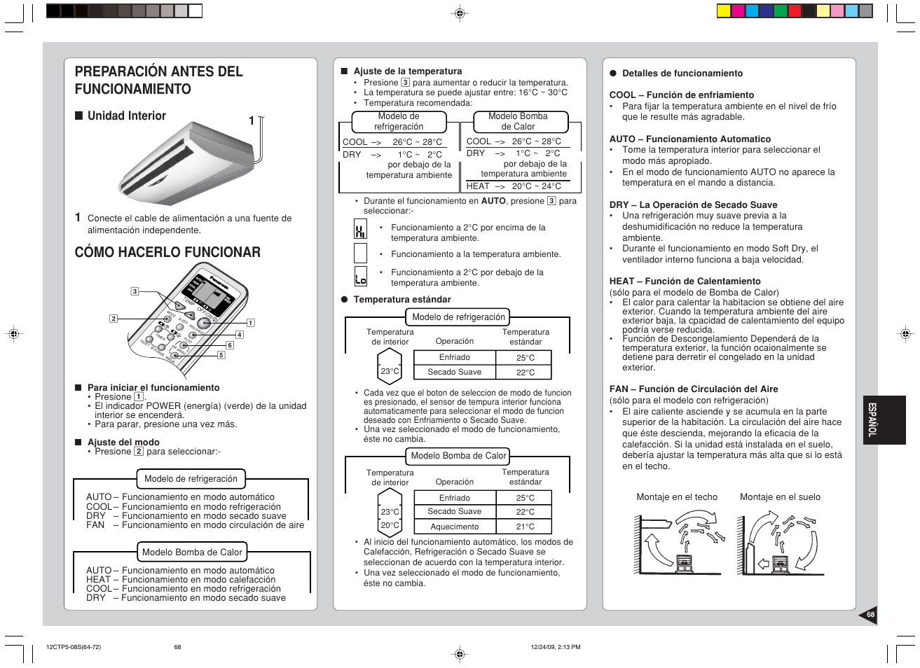 Preparación antes del funcionamiento, Cómo hacerlo funcionar, Unidad interior 1 | Panasonic SA24CTP User Manual | Page 69 / 104