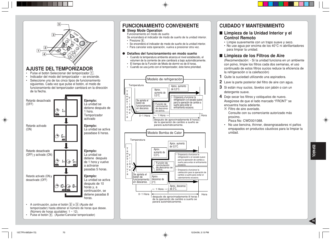 Cuidado y mantenimiento, Ajuste del temporizador, Funcionamiento conveniente | Limpieza de la unidad interior y el control remoto, Limpieza de los filtros de aire | Panasonic SA24CTP User Manual | Page 71 / 104