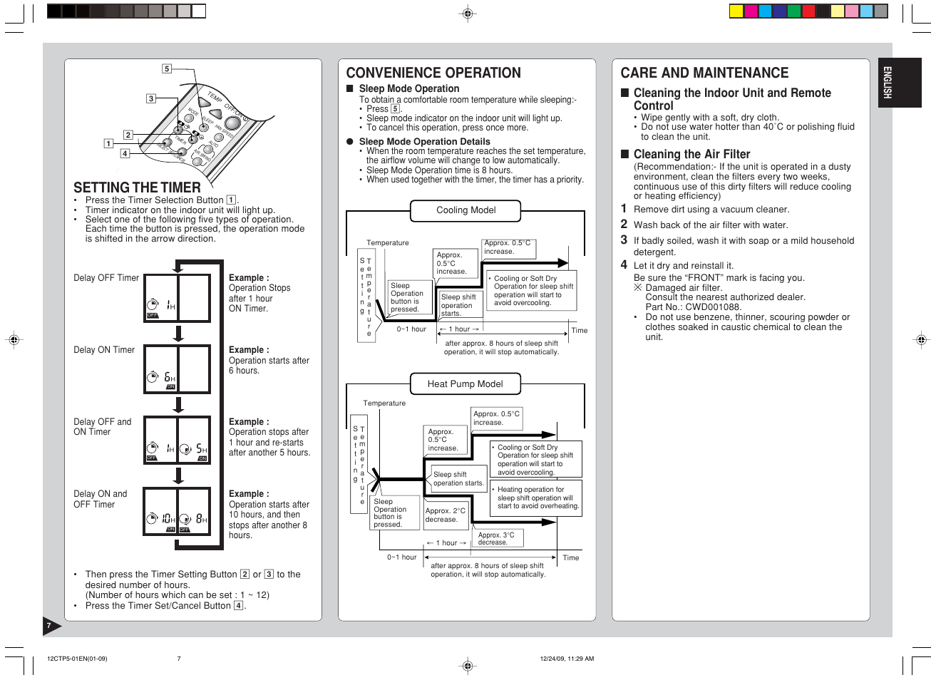 Convenience operation, Care and maintenance, Setting the timer | Cleaning the indoor unit and remote control, Cleaning the air filter | Panasonic SA24CTP User Manual | Page 8 / 104