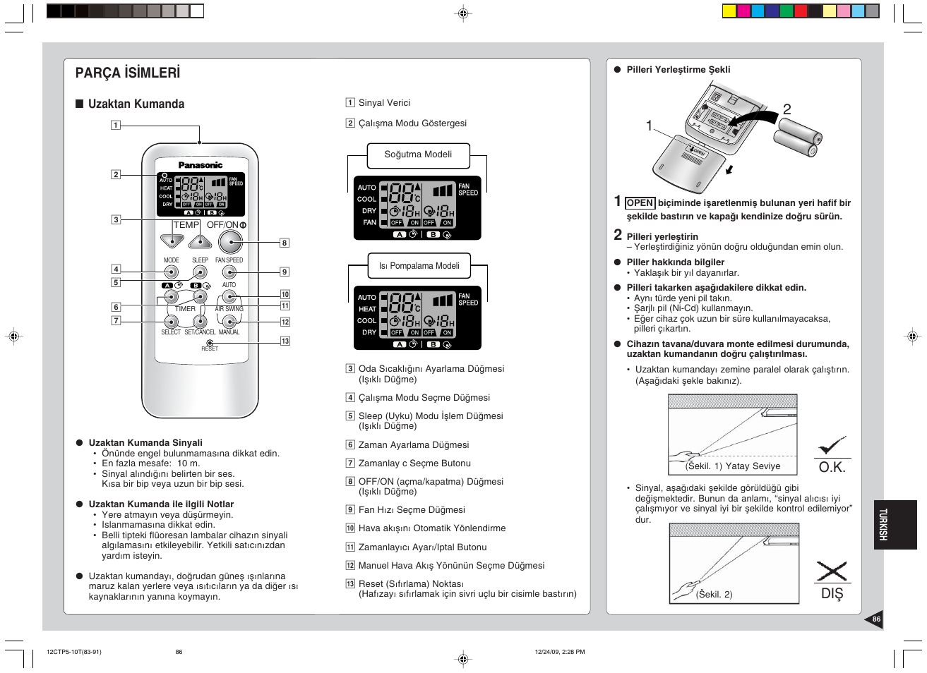 Parça isimleri, O.k. diş, Uzaktan kumanda | Panasonic SA24CTP User Manual | Page 87 / 104