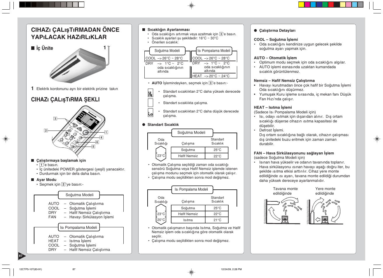 Cihazı çalıştırmadan önce yapılacak hazırlıklar, Cihazı çalıştırma şekli, Iç ünite 1 | Panasonic SA24CTP User Manual | Page 88 / 104