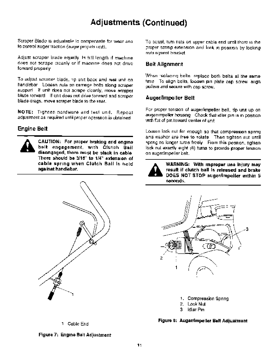 Engine b&tt, Ben alignment, Augar/lmpeller belt | Rgure7: engine balt adjuatirent, Adjustments (continued) | Ariens 937 User Manual | Page 13 / 16