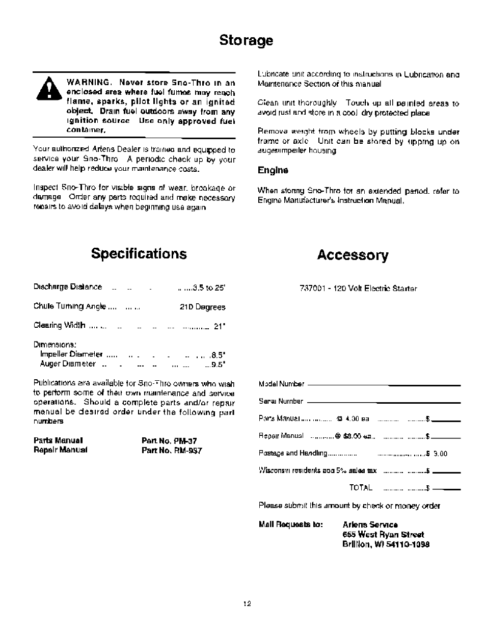 Storage, Engine, Specifications | Accessory, Specifications accessory | Ariens 937 User Manual | Page 14 / 16