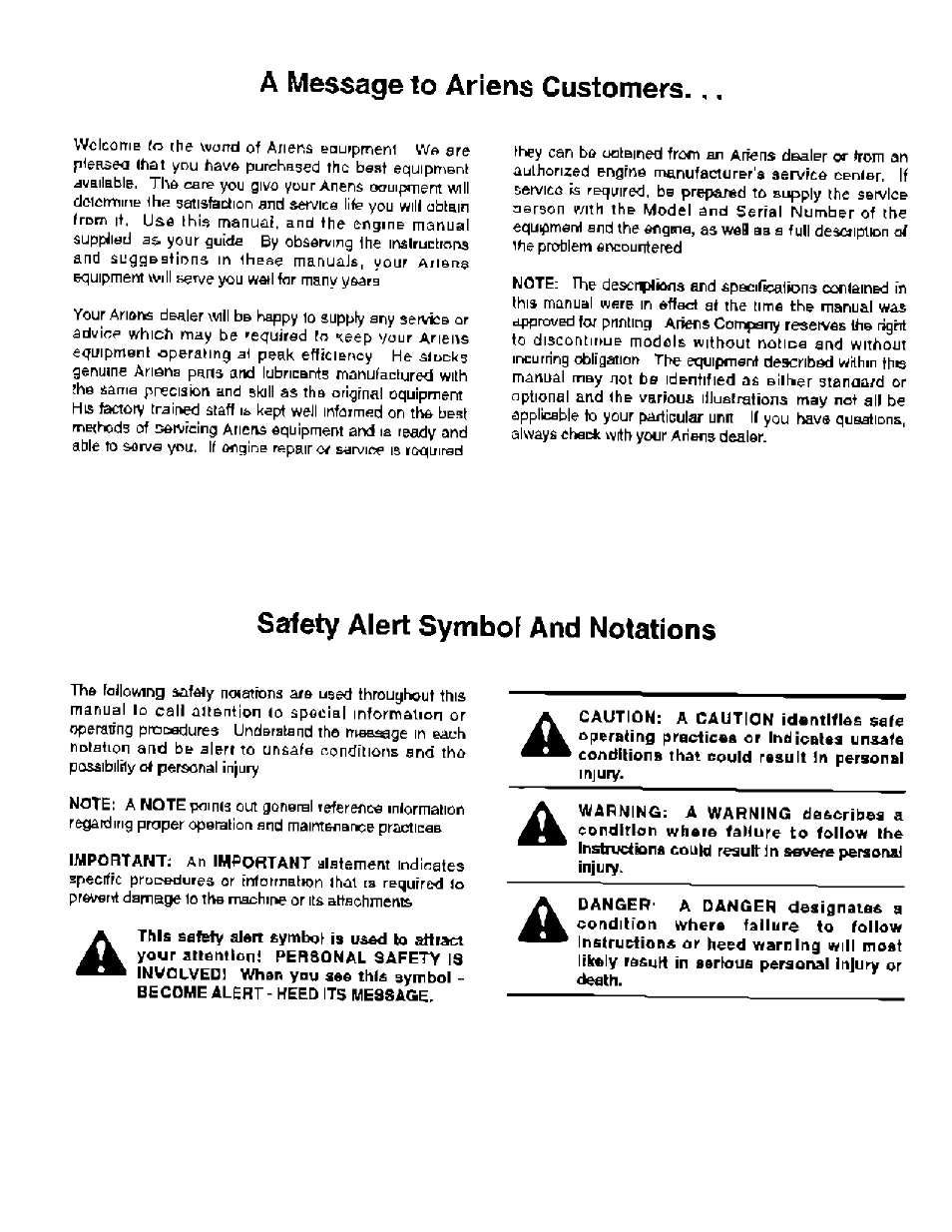 Safety alert symbol and notations, A message to ariens customers | Ariens 937 User Manual | Page 2 / 16