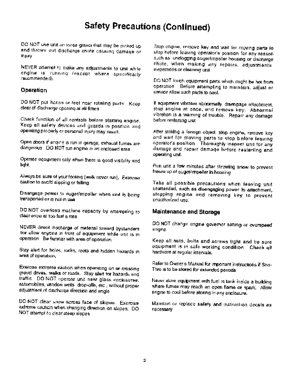 Operation, Maintenance end storage, Safety precautions (continued) | Ariens 937 User Manual | Page 4 / 16