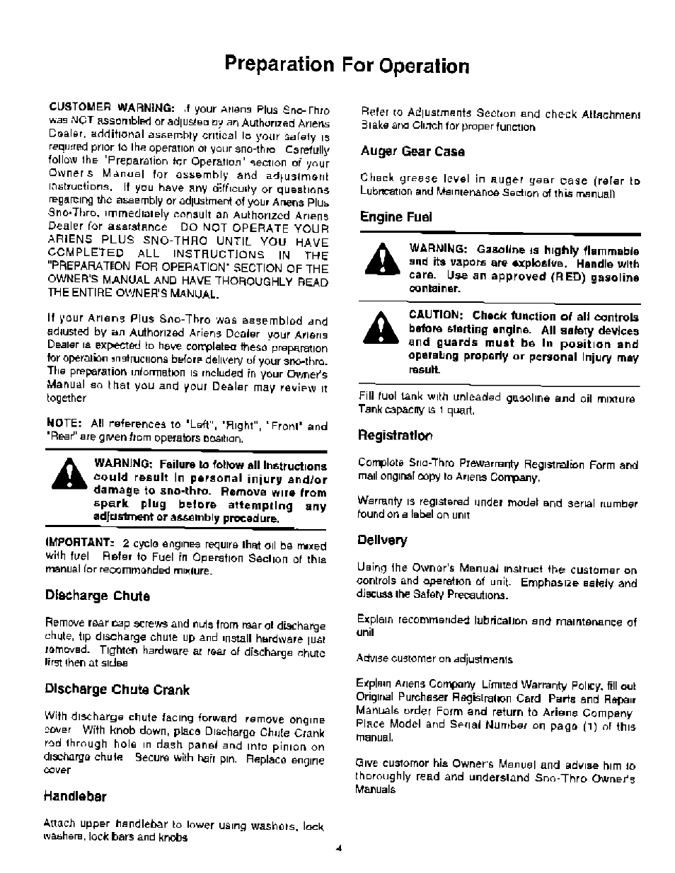 Preparation for operation, Handlftbar, Auger gear casa | Engine fuel, N«gistratlorr, Delivery | Ariens 937 User Manual | Page 6 / 16