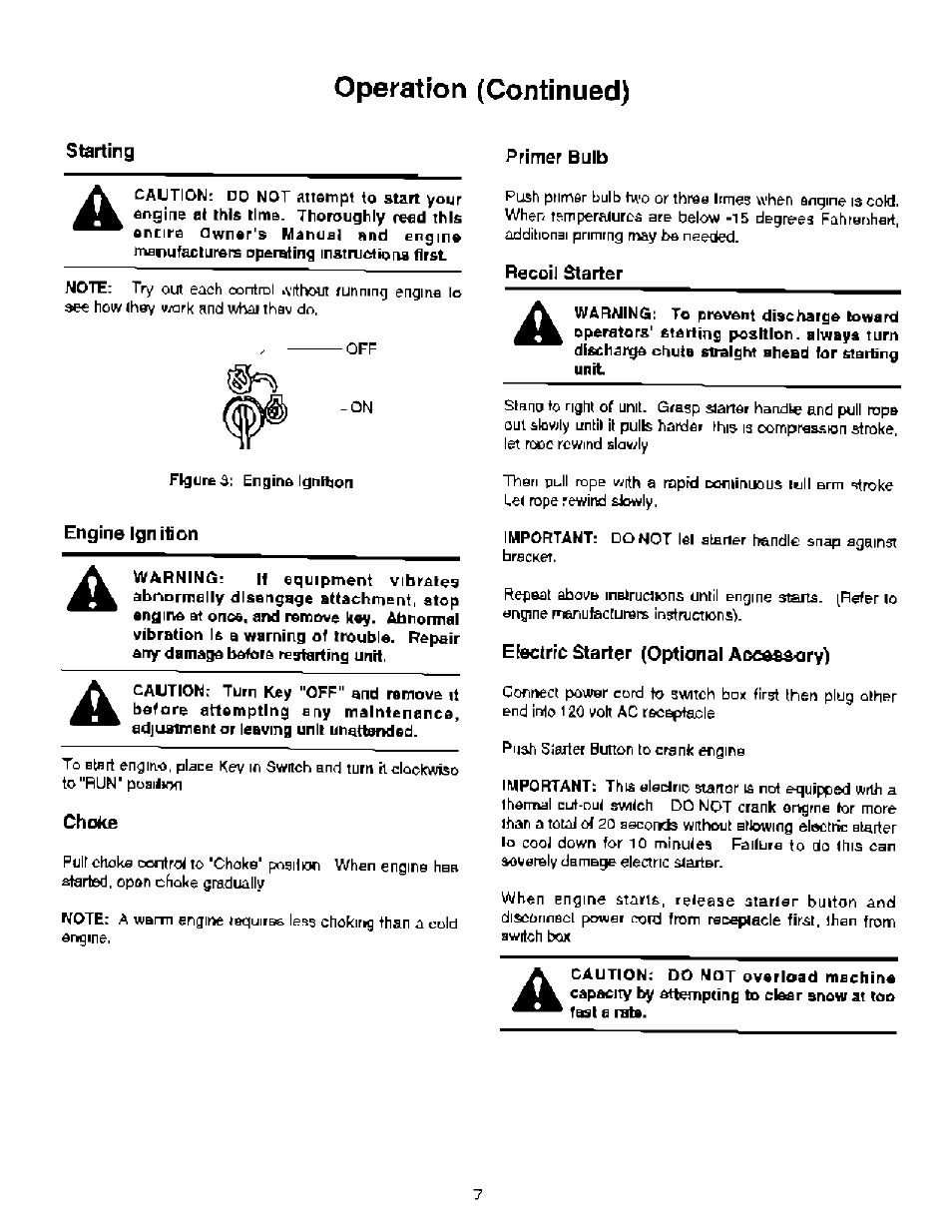 Starting, Figure $; engins ignition, Engine ign шоп | Warning: if equipment vibrates, Choke, Primer bulb, Recoii starter, Eeectrfi^ starter (optional adcaseory), Operation (continued) | Ariens 937 User Manual | Page 9 / 16