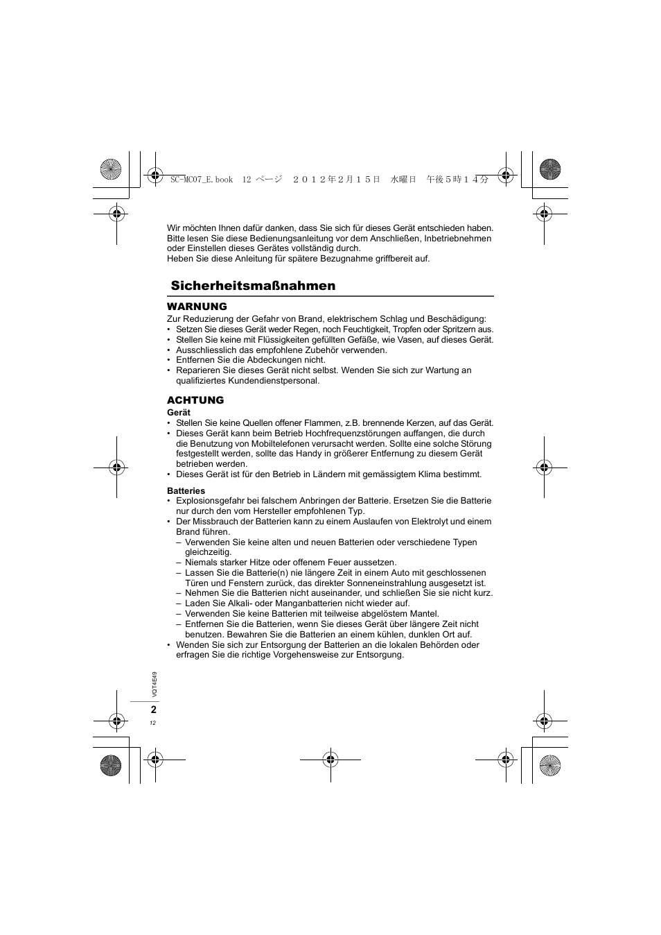 Sicherheitsmaßnahmen | Panasonic SCMC07E User Manual | Page 12 / 120