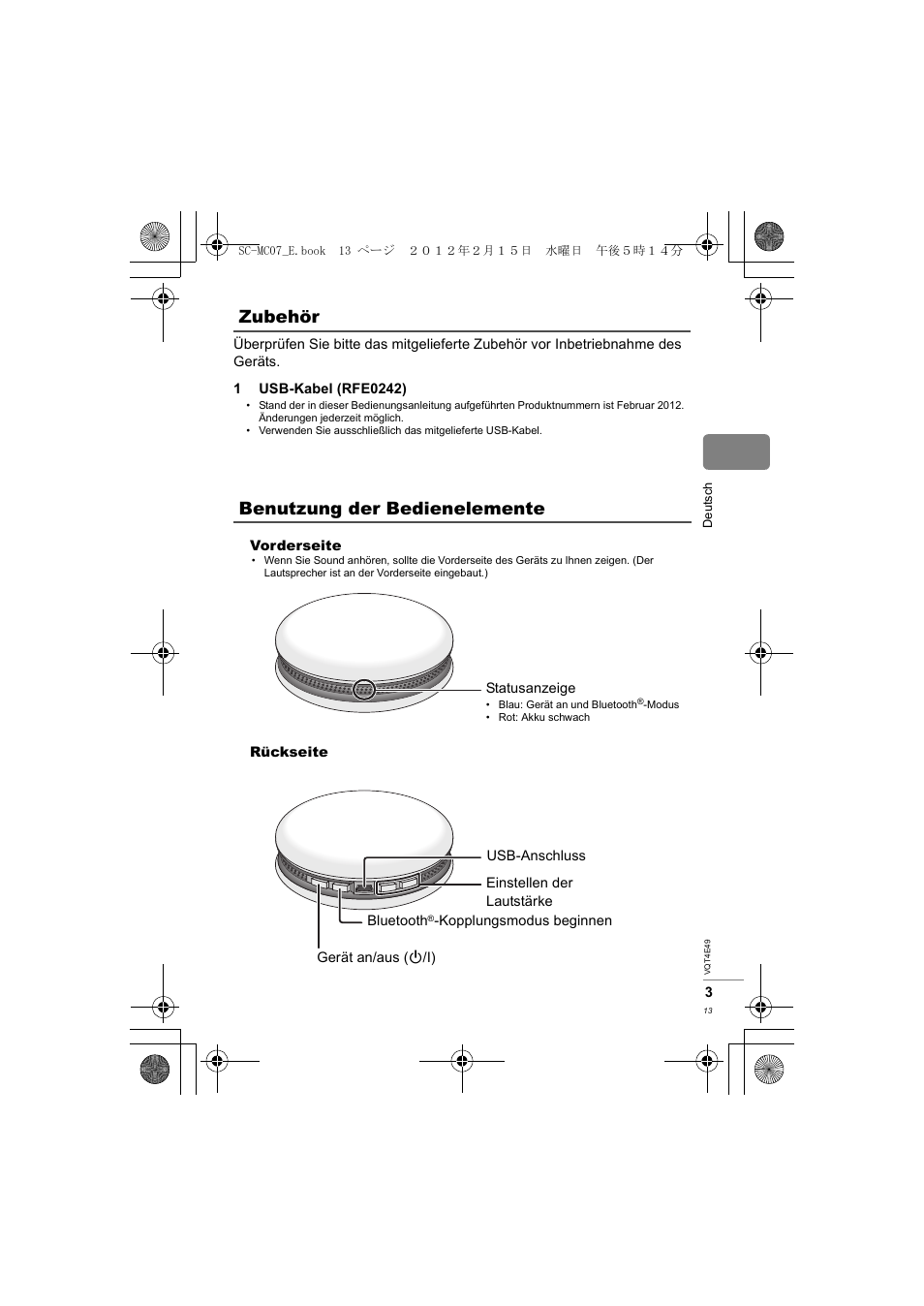 Zubehör benutzung der bedienelemente | Panasonic SCMC07E User Manual | Page 13 / 120