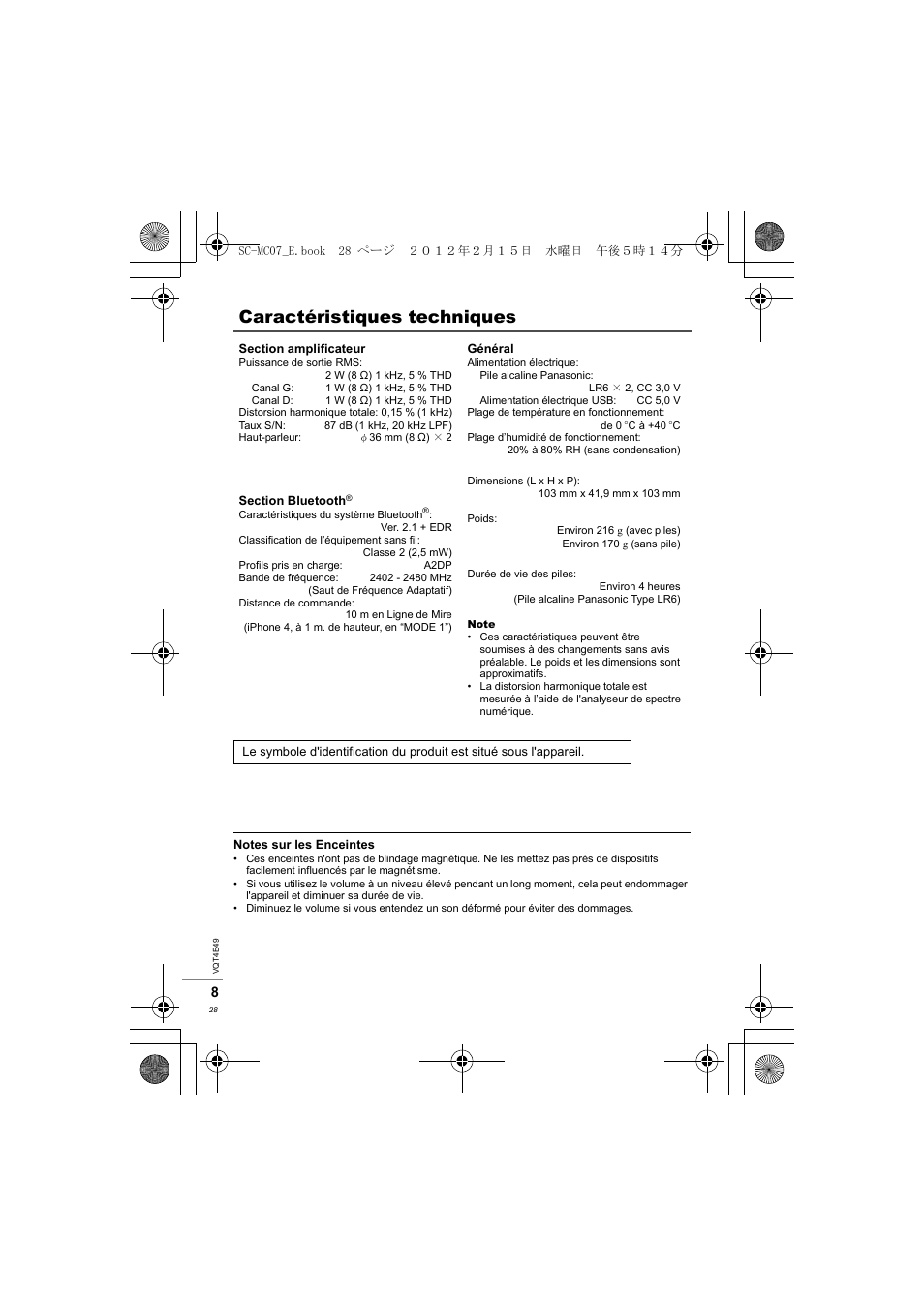 Caractéristiques techniques | Panasonic SCMC07E User Manual | Page 28 / 120