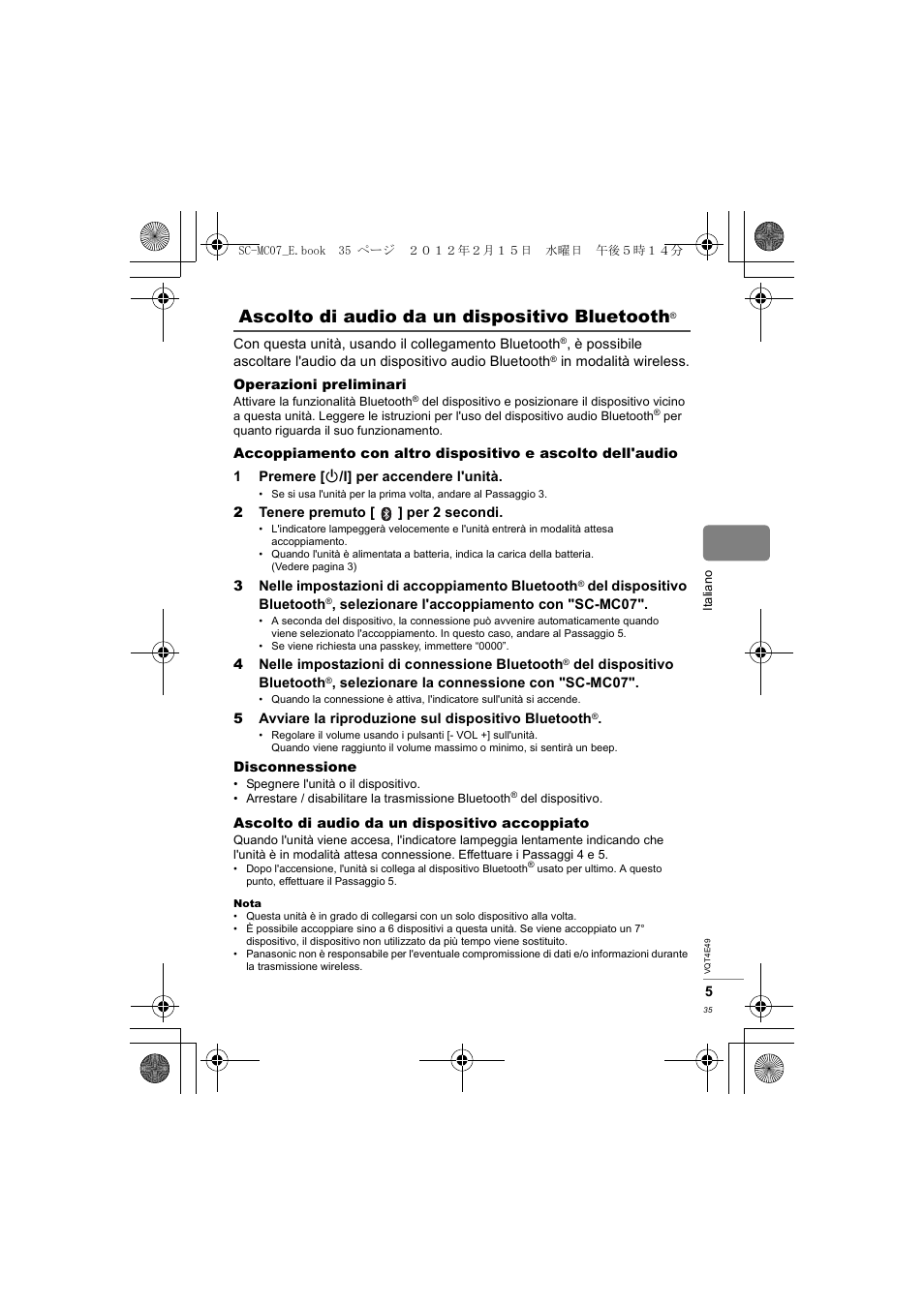 Ascolto di audio da un dispositivo bluetooth | Panasonic SCMC07E User Manual | Page 35 / 120