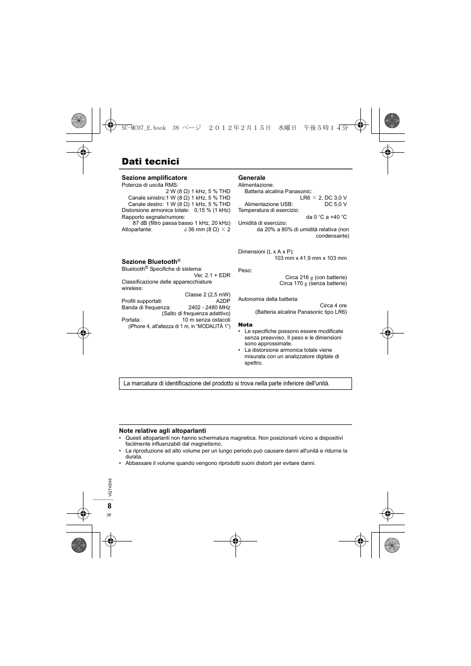 Dati tecnici | Panasonic SCMC07E User Manual | Page 38 / 120