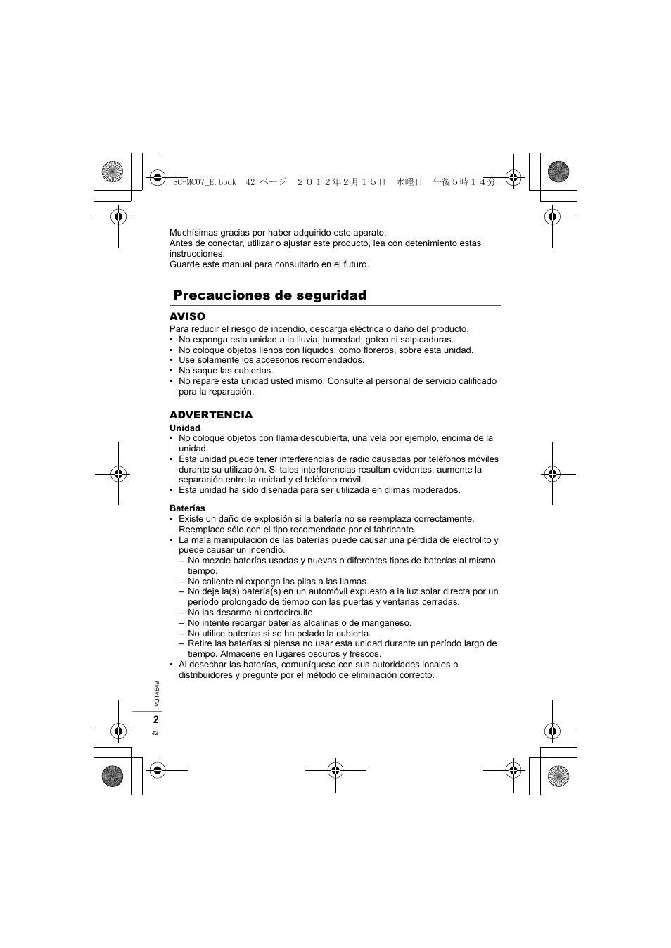 Precauciones de seguridad | Panasonic SCMC07E User Manual | Page 42 / 120