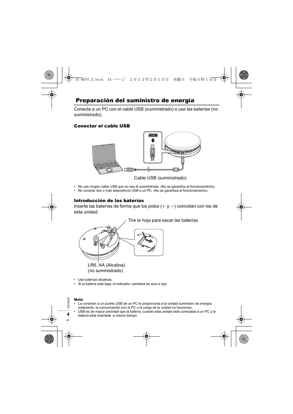 Preparación del suministro de energía | Panasonic SCMC07E User Manual | Page 44 / 120
