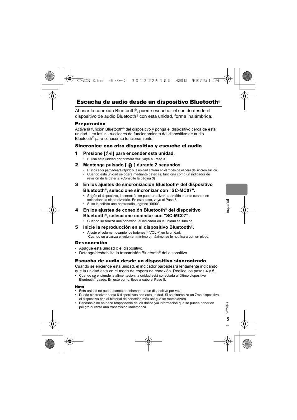 Escucha de audio desde un dispositivo bluetooth | Panasonic SCMC07E User Manual | Page 45 / 120