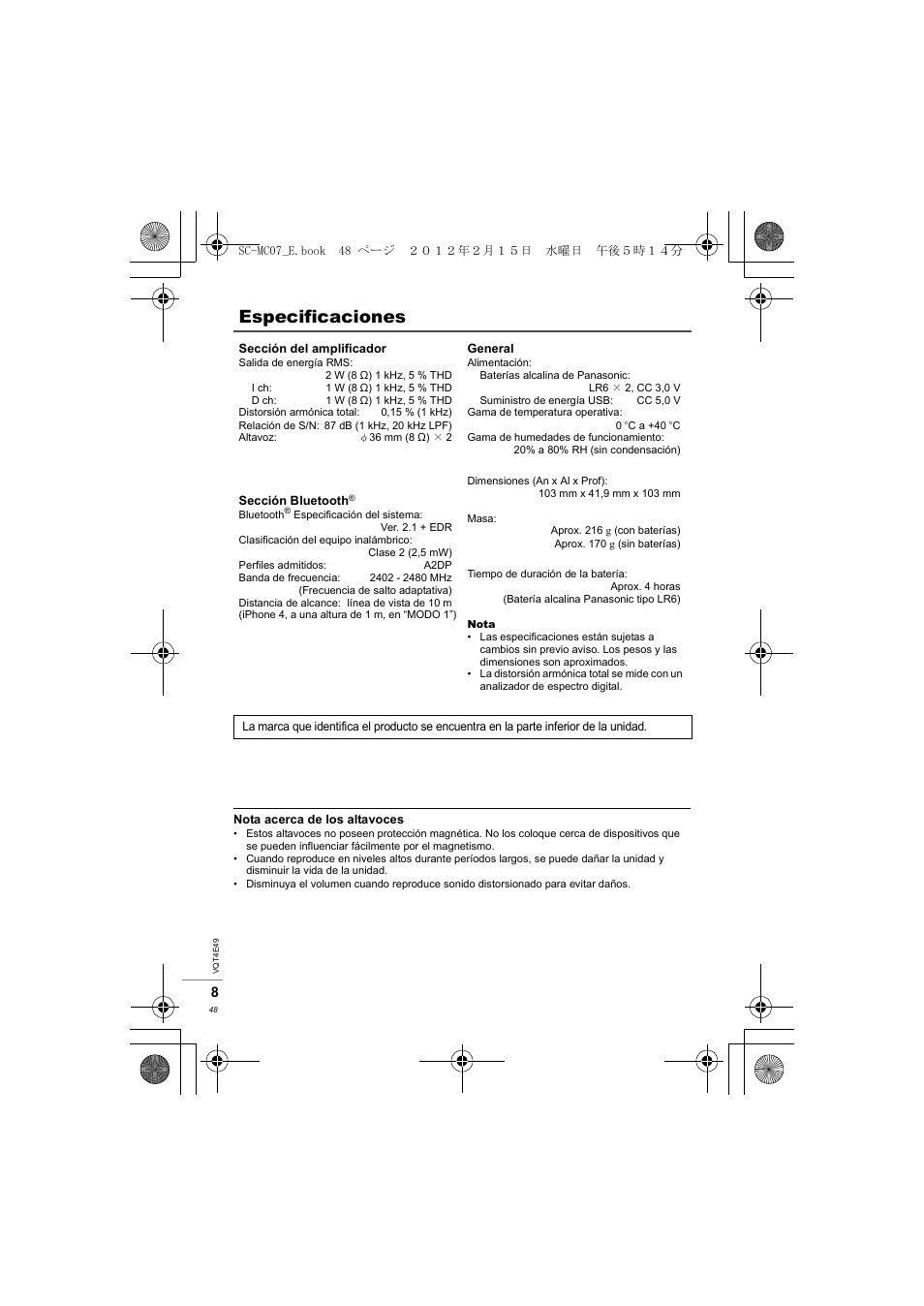 Especificaciones | Panasonic SCMC07E User Manual | Page 48 / 120