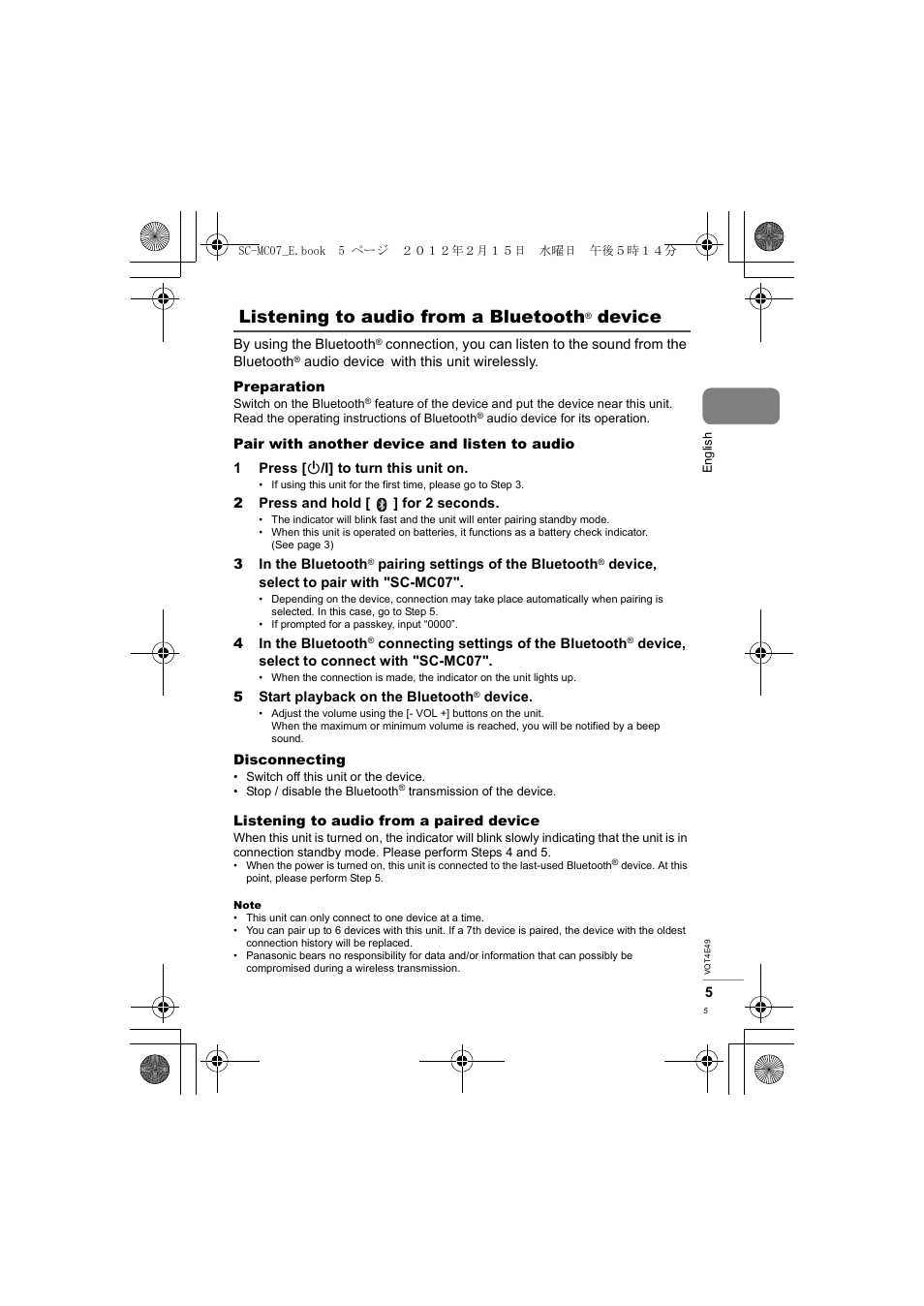 Listening to audio from a bluetooth, Device | Panasonic SCMC07E User Manual | Page 5 / 120