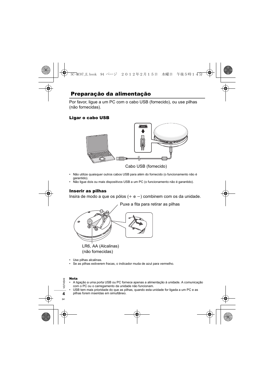 Preparação da alimentação | Panasonic SCMC07E User Manual | Page 94 / 120