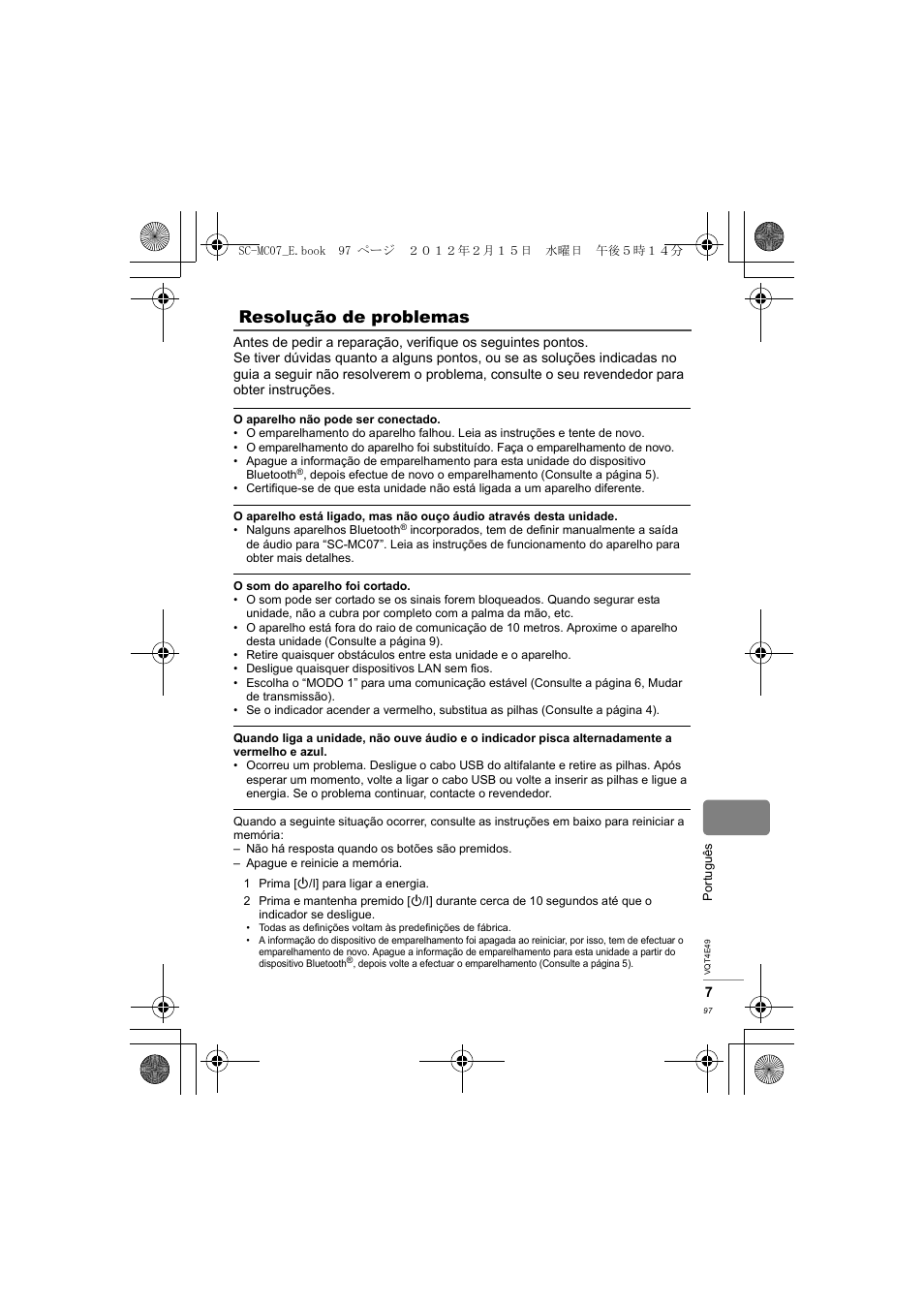 Resolução de problemas | Panasonic SCMC07E User Manual | Page 97 / 120