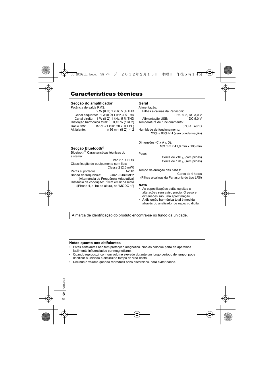 Características técnicas | Panasonic SCMC07E User Manual | Page 98 / 120