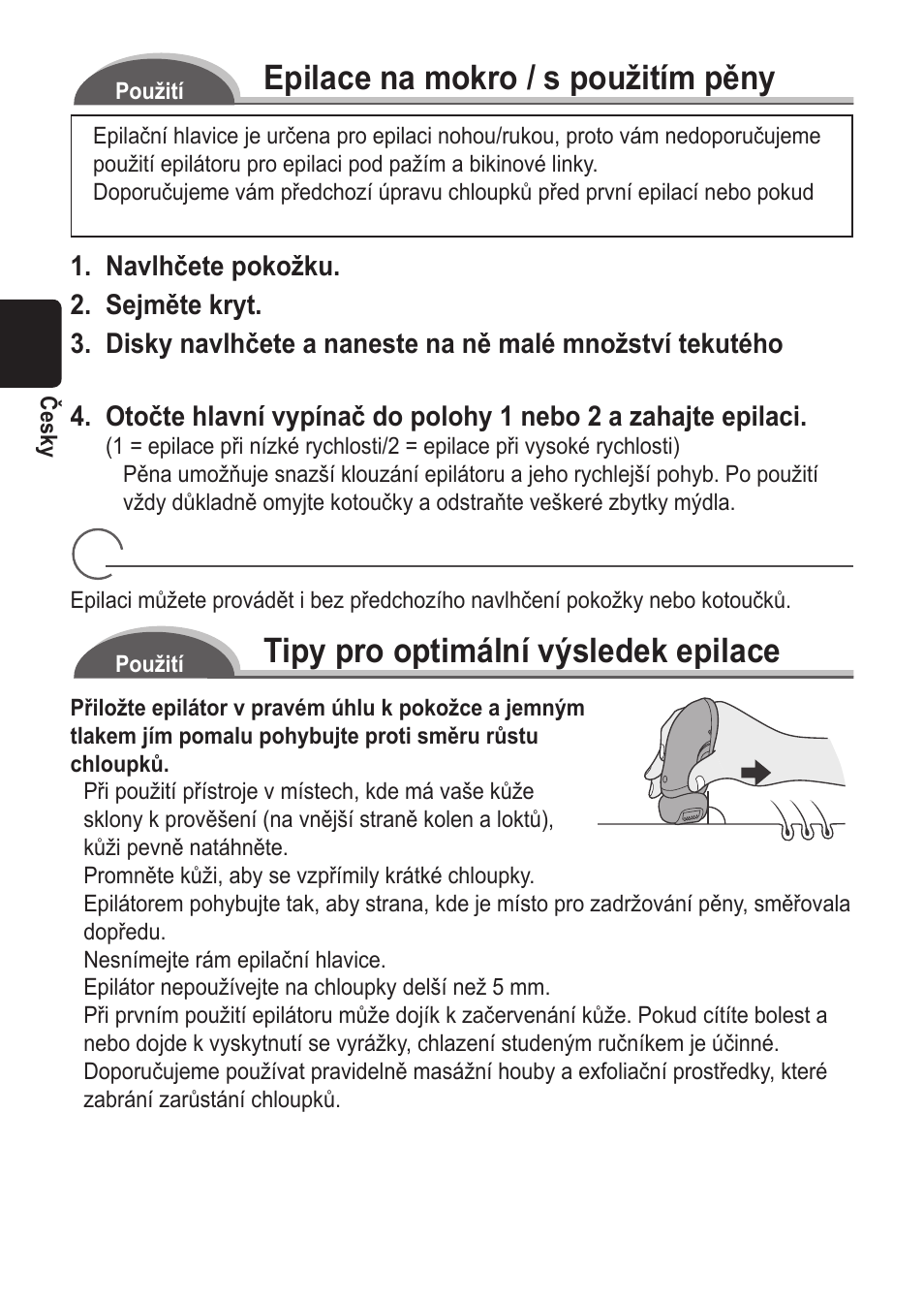 Epilace na mokro / s použitím pěny, Tipy pro optimální výsledek epilace, Epilace na sucho | Panasonic ES2055 User Manual | Page 100 / 168