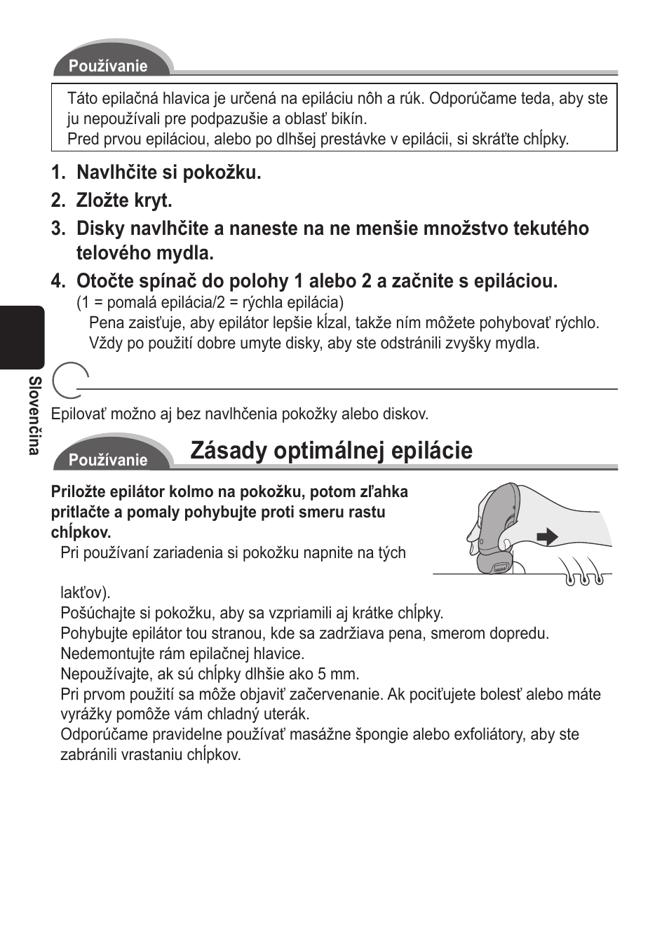 Mokrá epilácia s penou, Zásady optimálnej epilácie | Panasonic ES2055 User Manual | Page 108 / 168