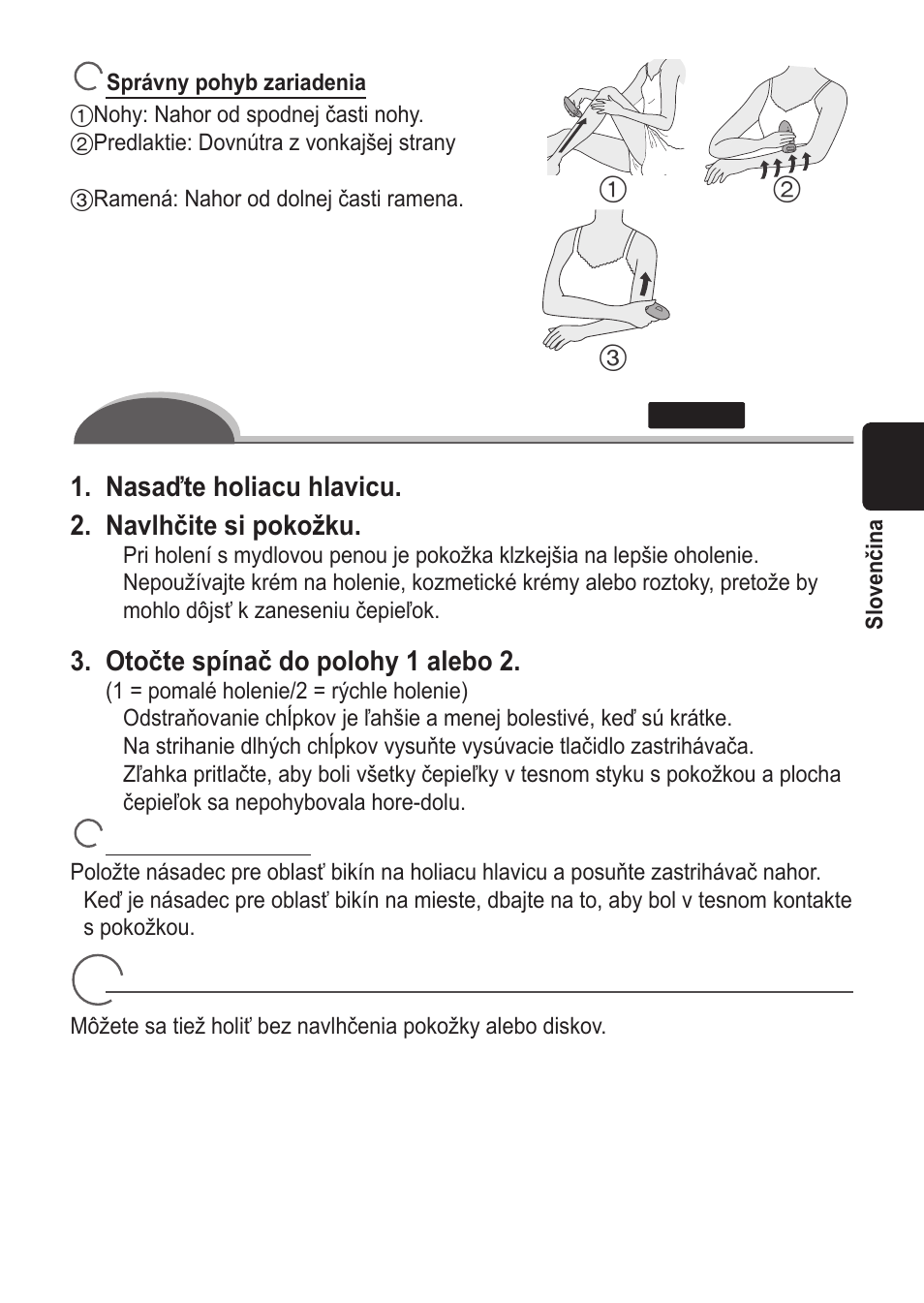 Holenie namokro/s penou, Nasaďte holiacu hlavicu. 2. navlhčite si pokožku, Otočte spínač do polohy 1 alebo 2 | Holenie nasucho | Panasonic ES2055 User Manual | Page 109 / 168