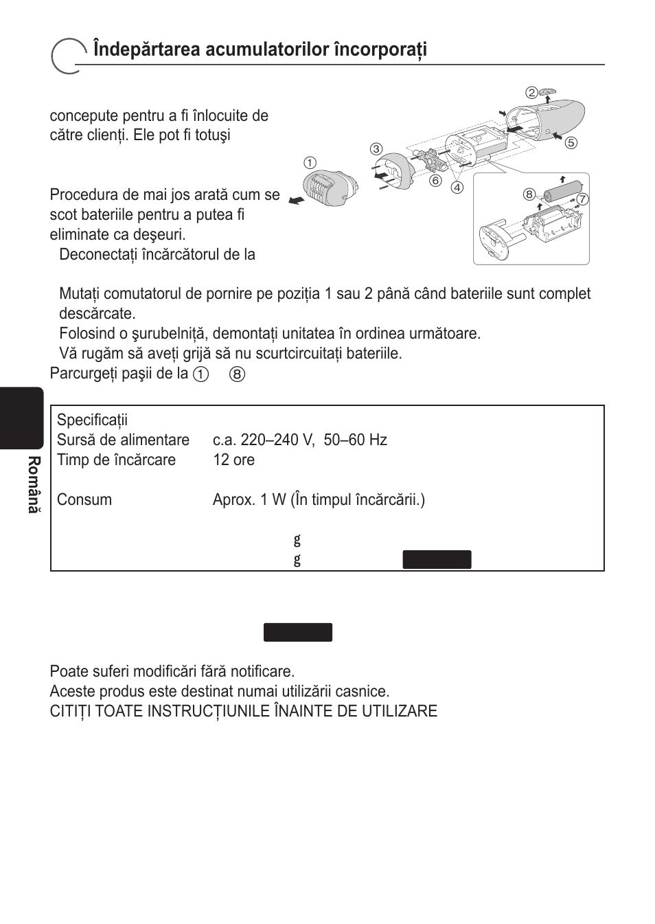 Îndepărtarea acumulatorilor încorporaţi | Panasonic ES2055 User Manual | Page 120 / 168